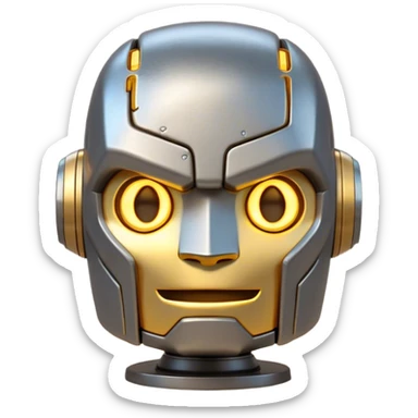 Cinematic Cute Mighty Iron Golem Portrait Emoji Head tilted playfully and inquisitively, featuring a sleek yet sturdy metal form with smooth, polished steel plating and glowing golden engravings, accented by faintly humming energy veins that pulse with life; rendered with lifelike clarity and soft, natural reflections, high shine, charming yet robust, styled with a touch of whimsical fantasy, soft glowing outline, capturing the essence of a watchful yet endearing golem, as if it might shift its massive head with a slow, thoughtful nod at any moment! sticker