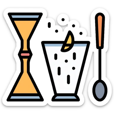 bartending tools including jigger, strainer, and cocktail spoon sticker