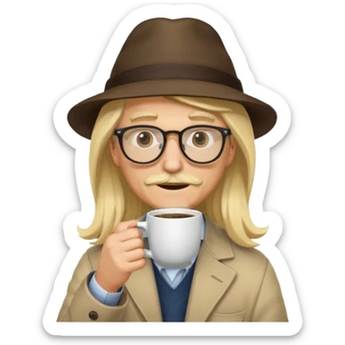 long hair blonde man drink coffe with hat and glasses sticker