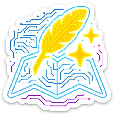 Transform the Wonderdraft map icon (feather, stars, and map) into a flat, cyberpunk style with extremely strong, intense neon glow. The feather and stars should be gold or yellow, the map should be clearly visible, and the whole icon should be surrounded by a vivid, radiant neon aura in blue and pink. Overlay glowing circuit patterns both on and around the shapes. The entire icon should have a holographic, luminous effect matching the brightest, glowiest cyberpunk icons in the set. Avoid 3D shading, keep the style flat and futuristic, and use a transparent background. sticker