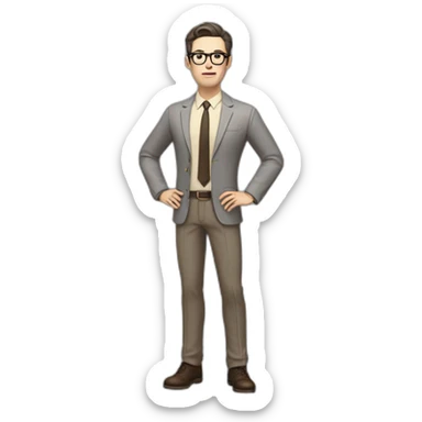 Full height Gesticulating Pale skinned fit man with dark brown hair in gray jacket, beige office shirt, brown tie, brown pants and vintage glasses. sticker