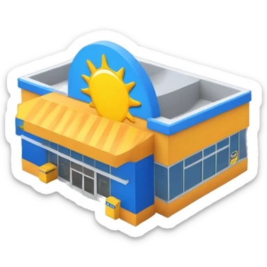 “Walmart store with a simple, recognizable design, featuring the iconic sunburst logo, blue and yellow color scheme, and storefront details that convey a large retail environment.” sticker