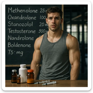 realistic muscular young man in front of blackboard full of molecule names and wrong dosages, lost look, bottles and syringes on table, confused atmosphere, gym background, 4K quality sticker