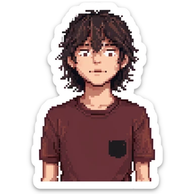 A boy with bangs covering his eyes, long hair sticking out at the back, and long sideburns. He has brown eyes and dark brown hair. He is wearing a maroon t-shirt and has an elongated jaw. He has two moles on the right side of his face, one below the eye and one on the cheek. sticker