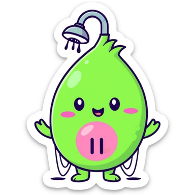 cute blushing onion character in shower, pink cheeks, shy expression, water pouring sticker