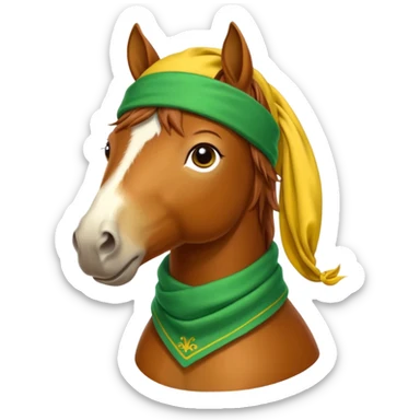 a fabulous funny winter horse in a green bandana hat with a yellow scarf sticker