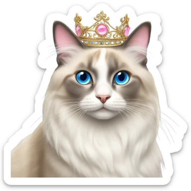 Realistic ragdoll cat with blue eyes wearing pink and gold tiara sticker