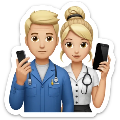 White male electrician and pretty blond office hair stylist with a bun holding phone sticker