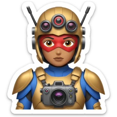 Un photographe high tech du futur, avec du matériel, une armure de terrain à la super héro. Il a des appareils photos, des caméras embarquées et un drone  sticker