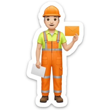 mature engineer hi-vis orange overalls standing full body holding a card sticker