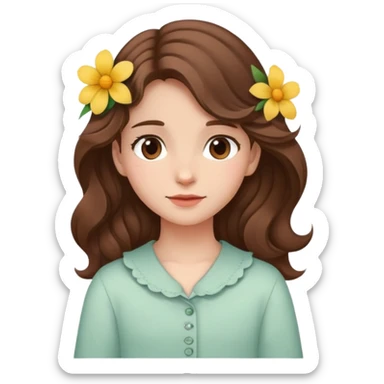 A girl with wavy hair, a flower tucked behind her ear, and a gentle expression. sticker