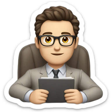 Pale skinned Fit Man With dark brown hair in gray jacket, beige office shirt and vintage glasses sitting In a soft chair with a notebook with emblem Ψ and a pen in his hands sticker