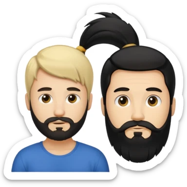 Man with long black hair tied in a tail and beard with a young blond short-haired without a beard sticker
