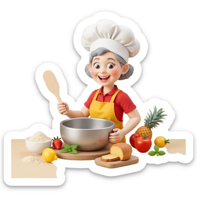 Portrait of a smiling grandma with a chef hat and a large mixing bowl, surrounded by baking ingredients, playful kitchen setting, emoji-style sticker