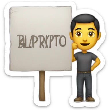 Man stands and holds sign where it says Balkripto sticker
