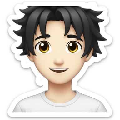 anime boy cartoon smiling with black hair, black and white t shirt, and black eyes sticker