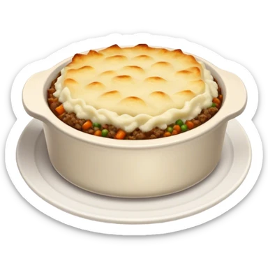 Cinematic Realistic Shepherd's Pie Dish Emoji, depicted with rich, savory minced lamb and vegetable filling topped with creamy mashed potatoes, rendered with exquisite detail and natural warm lighting that highlights its homestyle appeal. sticker