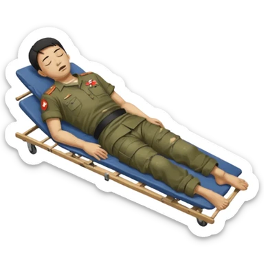 a man of oriental appearance, dressed in torn clothes, full length, with closed eyes, head lying on a stretcher, in a prone position, with injuries on a black military stretcher, 1980 sticker
