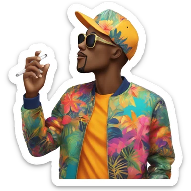 Person vaping wearing a colourful vibrant tropical patchwork of intricate vintage patterns, vape sticker