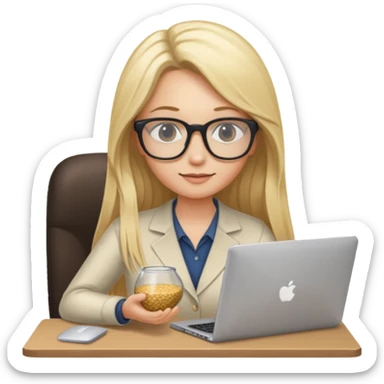 a blondie woman with long hair working with a computer laptop and a grains vessel around sticker