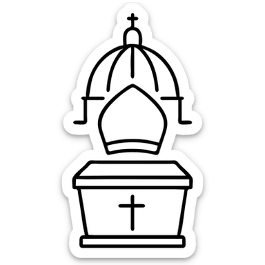 Simple symbolic representation of a papal funeral with St. Peter's dome, a papal mitre, and a ceremonial coffin sticker