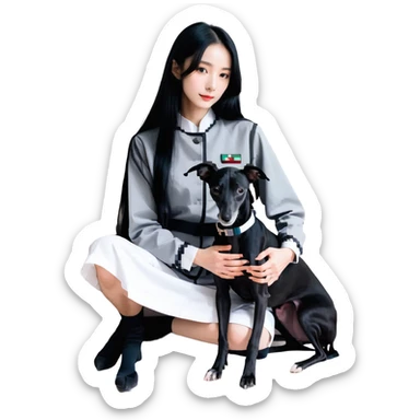 Slim Chinese girl with long black hair and her completely solid dark grey Italian greyhound in a cozy home setting, the dog has absolutely no white markings on face or nose, completely uniform grey color throughout sticker