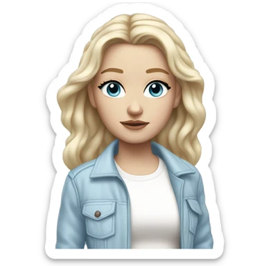  blonde hair white girl with long hair, in a white patched jacket with light blue patches, light blue eyeshadow sticker