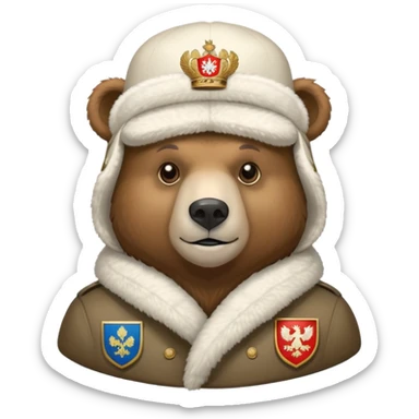 Just the head of a bear wearing white ushanka hat with detailed Russian coat of arms emblem centered on hat, iOS emoji style sticker