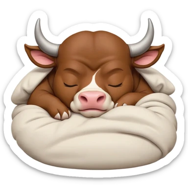 meme-worthy-cute-sleeping-domestic-bull-portrait-emoji,-head-resting-peacefully-with-a-contented-smile,-showcasing-a-robust,-muscular-build-and-a-luxuriously-soft-coat,-eyes-gently-closed-in-serene,-restful-slumber,-simplified,-solid-brown sticker