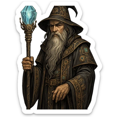 master in artificial intelligence, alchemist wizard, long beard, holding a staff with a technological crystal, details of gears and chips, transparent background sticker