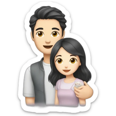 Asian couple dark hair with british grey kitten moon sticker