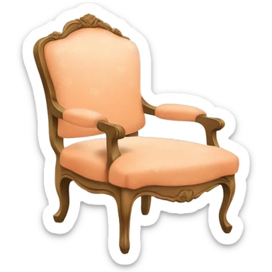 Vintage French chair with peach, curly fur on the seat and a vintage peach and white floral on the top in a natural wood frame sticker