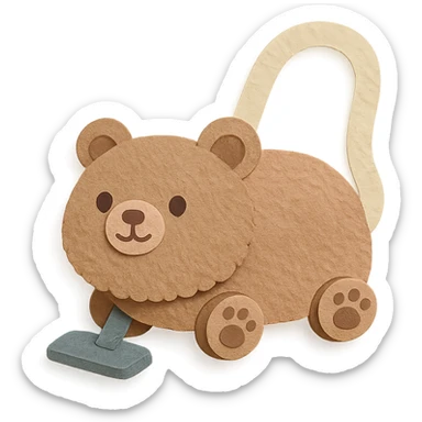 soft brown pastel bear vacuum cleaner, fluffy, with tiny paw wheels, rolling adorably, full-body sticker