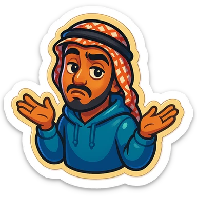 cartoonish, bold, vibrant emoji-style sticker of Ara, an Arab young man with medium brown skin, black hair, wearing casual urban Middle Eastern streetwear like a keffiyeh scarf or hoodie, shrugging with a ‘whatever’ attitude and exaggerated expression sticker