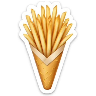 Cinematic Realistic Belgian Fries Dish Emoji, showcasing thick, crispy fries served in a paper cone rendered with detailed textures and golden, appetizing lighting. sticker