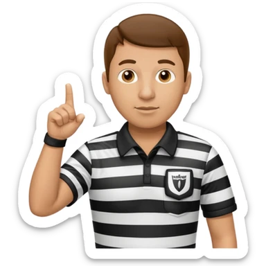 A calm referee with striped shirt, pointing clearly toward the field wearing whistle  sticker
