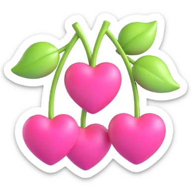 Two pink heart-shaped cherries with a pink ribbon bow, shiny and glossy, in 3D iOS emoji style on a white background. sticker