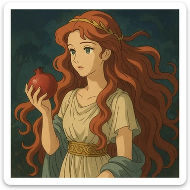 Persephone depicted with flowing red hair, holding a pomegranate, ancient Greek attire, mystical and enchanting sticker
