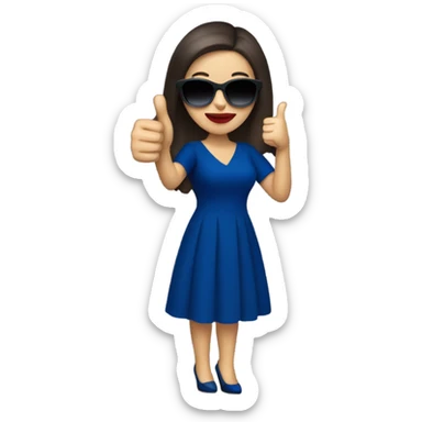 
brunette in dark blue sunglasses, with red lips and in a dark blue dress shows a thumbs up sticker
