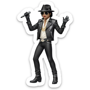 Michael Jackson on stage with microphone buttonhole in full body, wearing his iconic concert costume—black leather jacket, sequined glove, fedora, and boots. He strikes a powerful pose, embodying the energy of R&B music. Transparent background. sticker