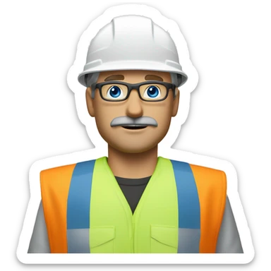 dirty blonde man, thin face, no beard but with mustache, blue/green eyes, glasses, wearing white hard hat that says ”gmc” in orange letters, orange safety vest, blue shirt sticker