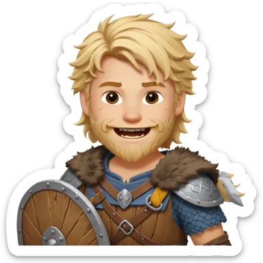 A young Viking warrior with messy blond hair, wooden shield, and fierce excited grin.
 sticker