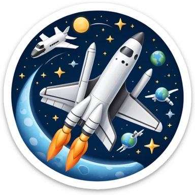 An icon featuring a space shuttle, a drone, and an airplane against a starry sky, symbolizing aerospace technology. The design includes rocket boosters and satellite orbits, representing the exploration of space and advanced aviation. Transparent background sticker