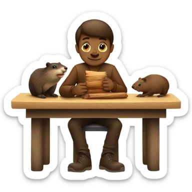 A guy is sitting with a beaver at a table and they are eating a log sticker