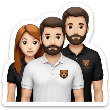 Criar Casal - Homem branco de cabelo liso e olhos marrom, com barba, expressão séria usando camiseta polo preta e mulher de pele branca cabelo cacheado marrom longo e olhos mel, usando uma regata branca, quero ela sorrindo sticker