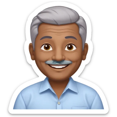50 yr old indian man, dark skin, grey hair, big smile, white teeth, chubby, no moustache, clean shaven, young style hair, hair brushed back, 5 oclock shadow, bindy on forehead, dress shirt, bindy sticker