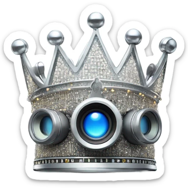 A regal crown made of microphones, cameras, and headline elements, glowing in platinum with dynamic accents, symbolizing five years of unparalleled loyalty sticker