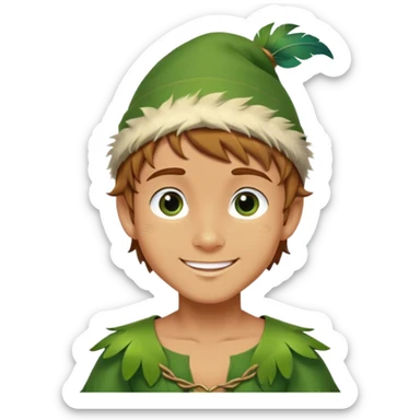 Cinematic Realistic Peter Pan Portrait, depicted with lifelike, youthful skin touched by a gentle sun-kissed glow. His bright, expressive eyes and confident smile evoke a timeless sense of wonder. Dressed in his iconic green tunic and feathered cap, every detail is rendered with soft, natural lighting that highlights his blend of innocence and courageous spirit. sticker