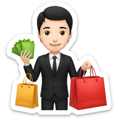 a white elegant man black hair in a black suit with clothing shopping bag sticker
