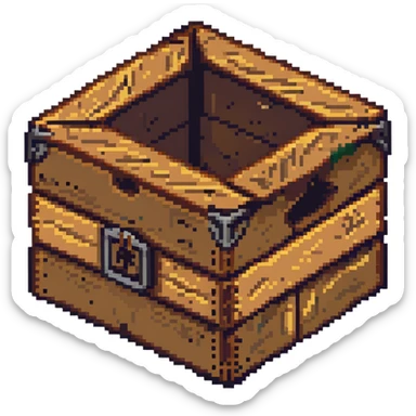 Flat 2D wooden crate with metal reinforcements, color #c2410c with darker wood grain, visible wood grain texture, metal bands across the crate, no perspective, flat 2D appearance, breakable look, simple warning symbol, 32x32 pixels sticker